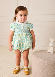Louisa Floral Hand Smocked Short Sleeve Romper in Blue (3mths-2yrs) Rompers from Pepa London
