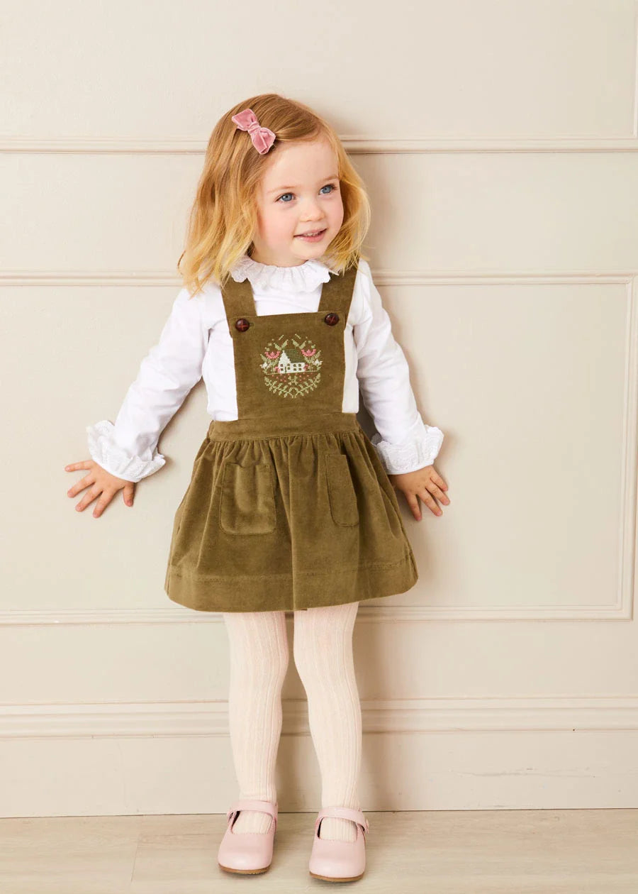 Velvet Embroidered Skirt with Braces in Green (12mths-3yrs) Skirts from Pepa London US