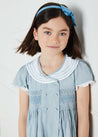 Hand Smocked Embroidered Collar Short Sleeve Dress in Blue (12mths-10yrs) Dresses from Pepa London US