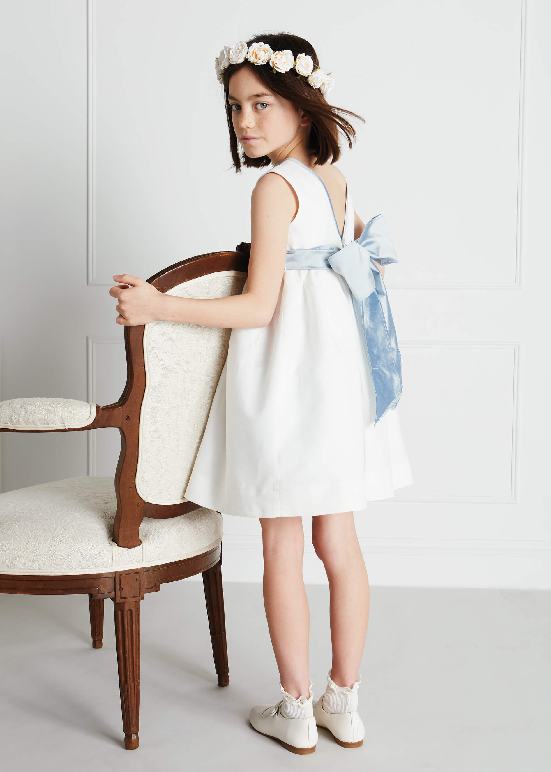 Sleeveless Ivory Flower Girl Dress with Blue Silk Sash (6mths-10yrs) Dresses from Pepa London US