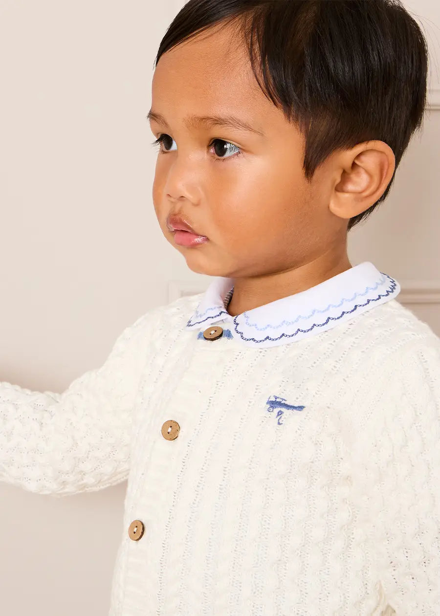 Plane Embroidered Cable Knit Cardigan in Cream (12mths-6yrs) Knitwear from Pepa London US