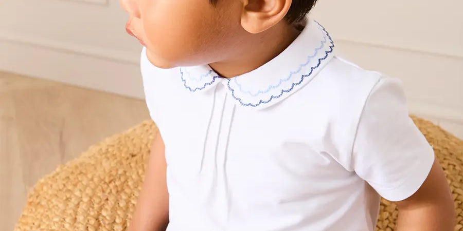 Scallop Embroidered Peter Pan Collar Pleated Top in White (12mths-6yrs) Tops & Bodysuits from Pepa London