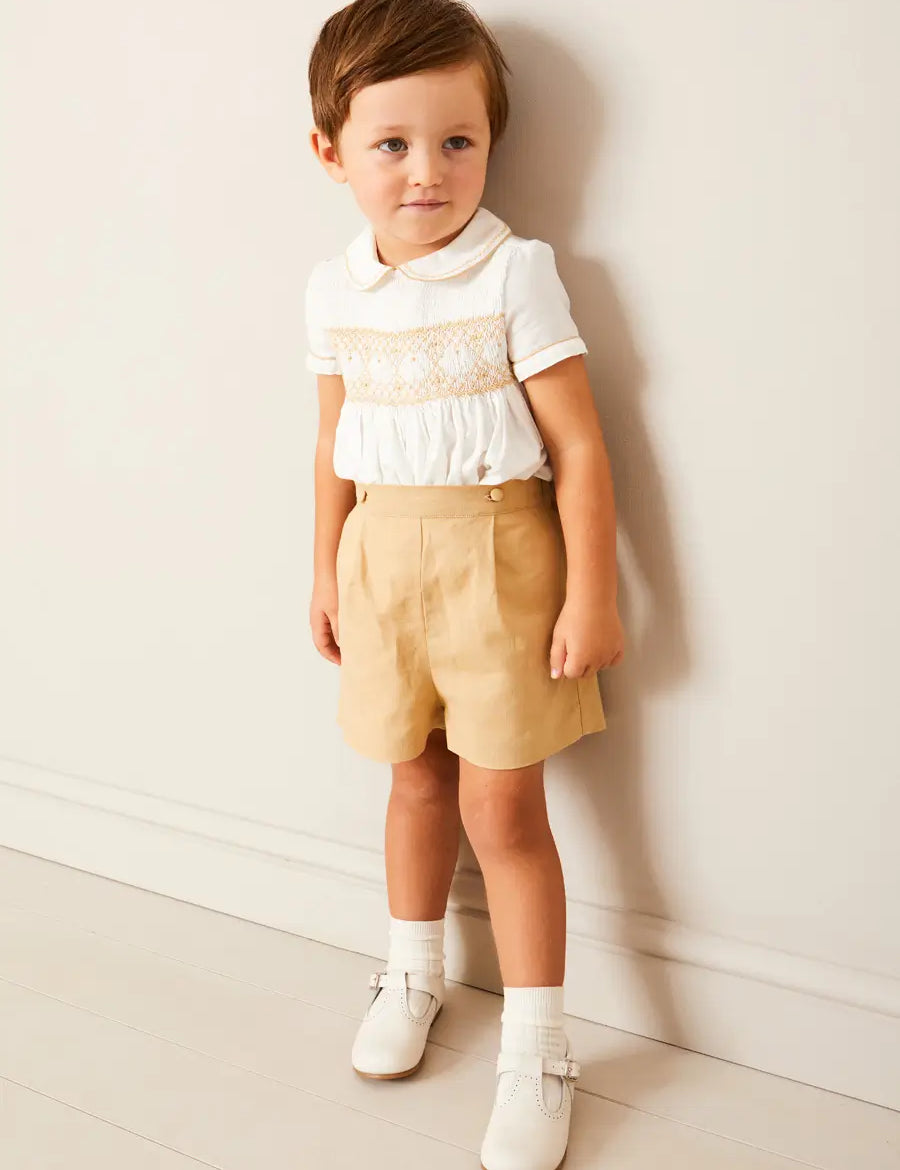Hand Smocked Peter Pan Collar Short Sleeve Two Piece Set in Beige (18mths-6yrs) TWO PIECE SETS from Pepa London US
