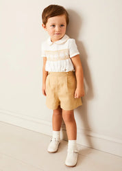 Hand Smocked Peter Pan Collar Short Sleeve Two Piece Set in Beige (18mths-6yrs) TWO PIECE SETS from Pepa London US