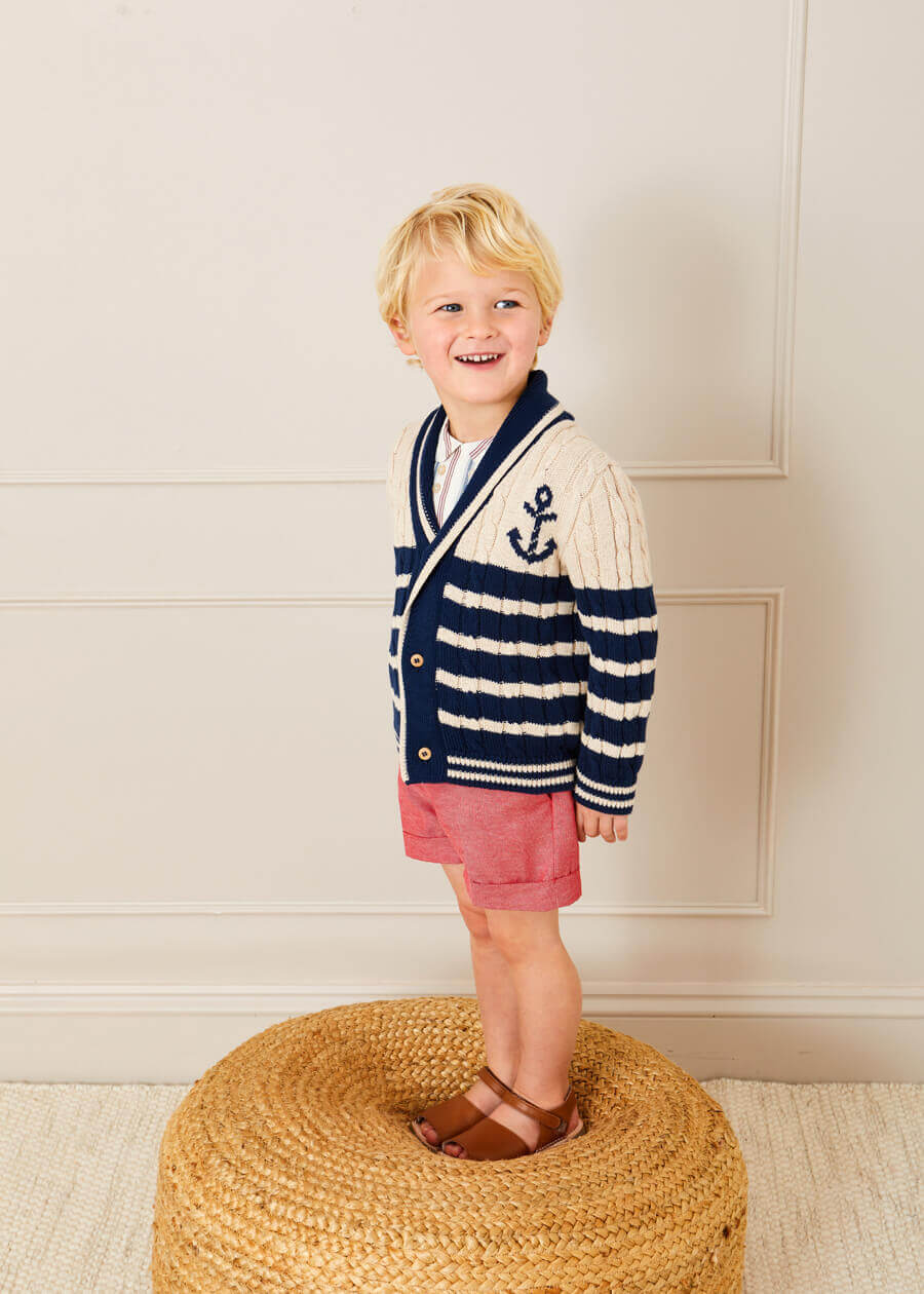 Anchor Motif Striped Cable Knit Cardigan in Navy (2-10yrs) Knitwear  from Pepa London US