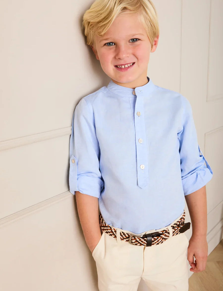 Mao Collar Linen Blend Shirt in Blue (18mths- 10yrs) SHIRTS from Pepa London US