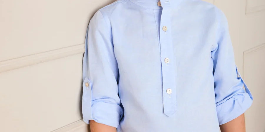 Mao Collar Linen Blend Shirt in Blue (18mths- 10yrs) Shirts from Pepa London
