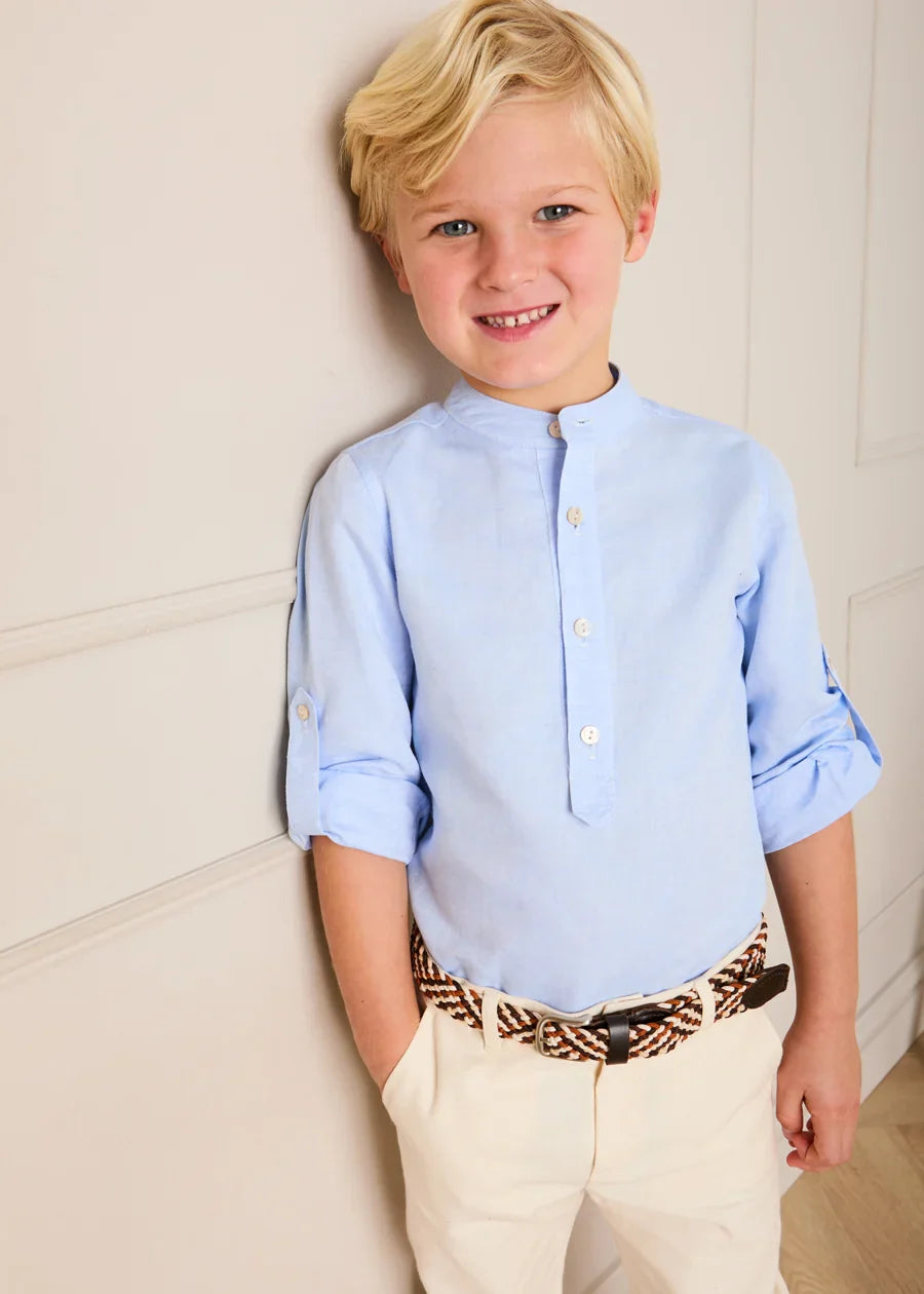Plain Mao Collar Long Sleeve Shirt in Blue (4-10yrs) SHIRTS from Pepa London US