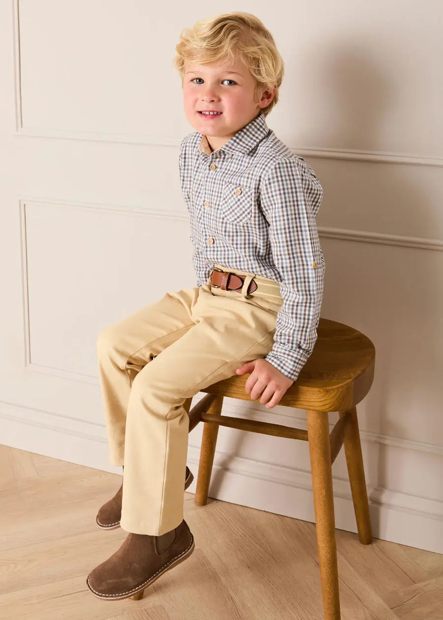 Cadogan Houndstooth Polo Collar Long Sleeve Shirt in Beige (3-10yrs) Shirts from Pepa London US