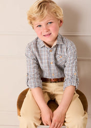 Cadogan Houndstooth Polo Collar Long Sleeve Shirt in Beige (3-10yrs) Shirts from Pepa London US
