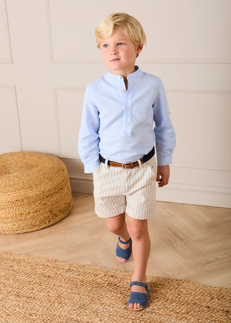 Mao Collar Linen Blend Shirt in Blue (18mths- 10yrs) Shirts from Pepa London US
