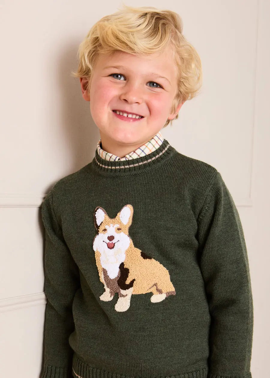 Corgi Embroidered Button Detail Jumper in Green (18mths-10yrs) Knitwear from Pepa London US