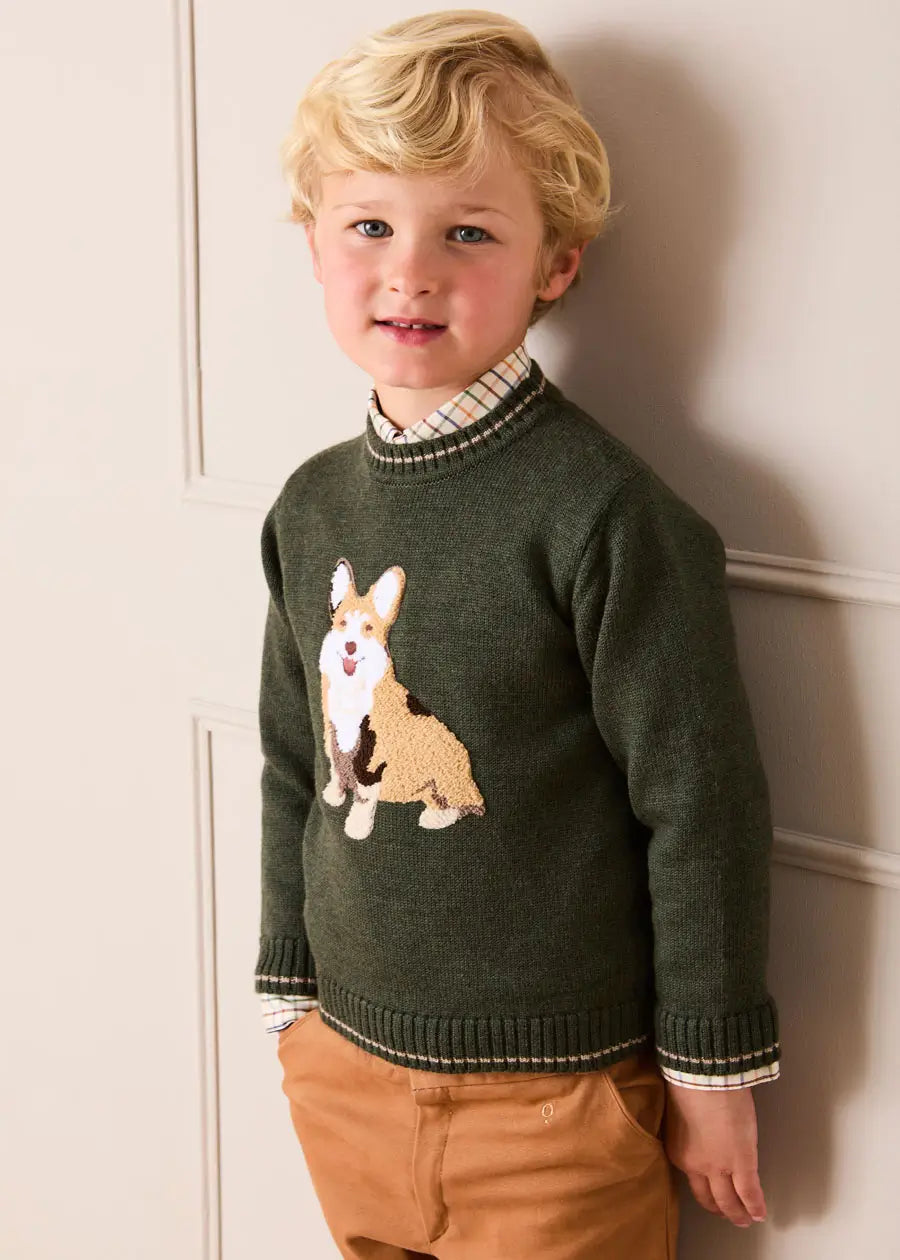 Corgi Embroidered Button Detail Jumper in Green (18mths-10yrs) Knitwear from Pepa London US