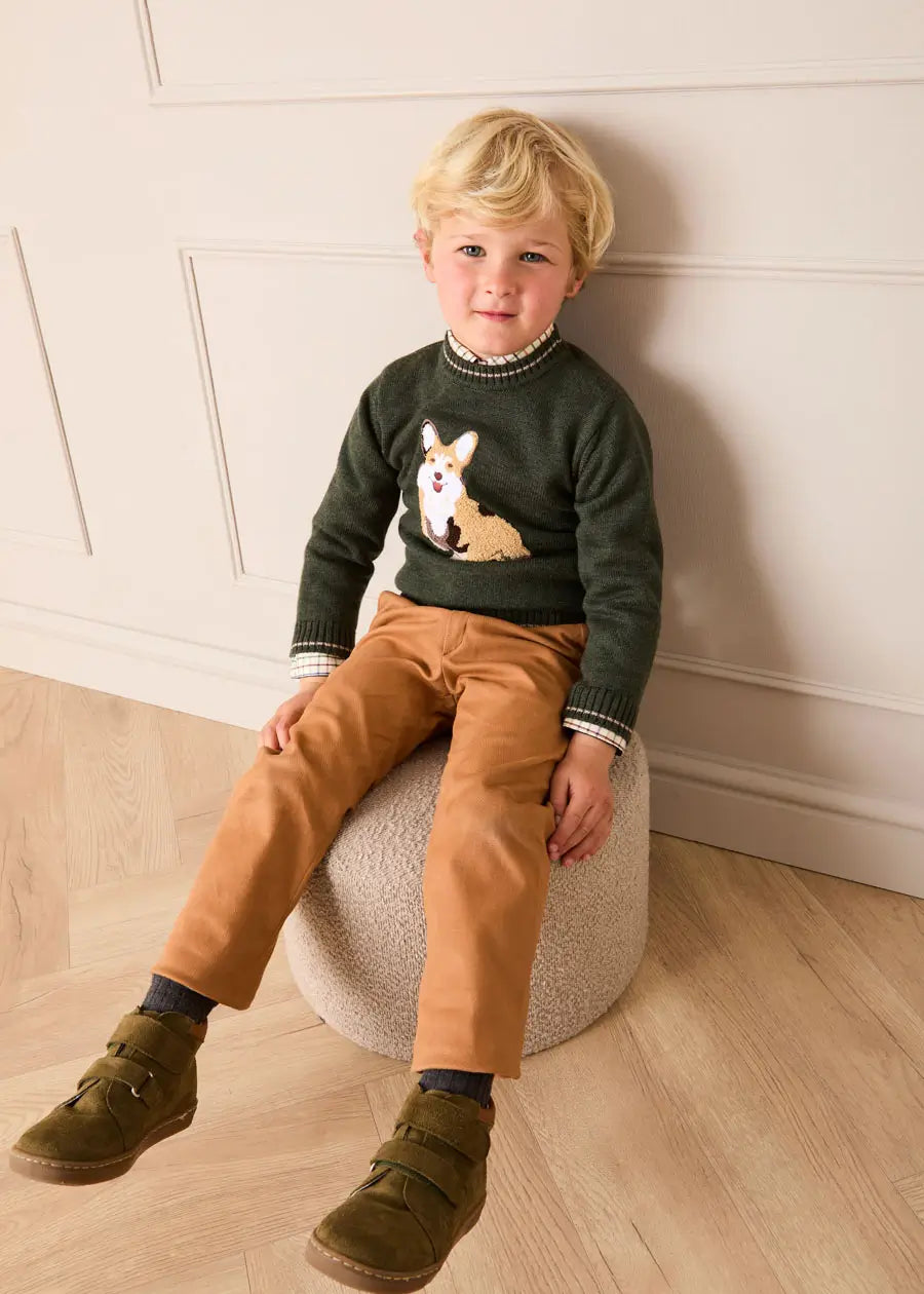 Corgi Embroidered Button Detail Jumper in Green (18mths-10yrs) Knitwear from Pepa London US