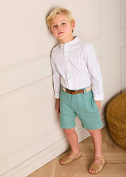 Hampton Stripe Mao Collar Shirt in Green (3- 10yrs) Shirts from Pepa London US