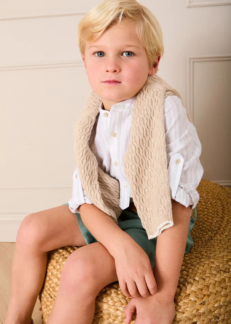 Hampton Stripe Mao Collar Shirt in Green (3- 10yrs) Shirts from Pepa London US