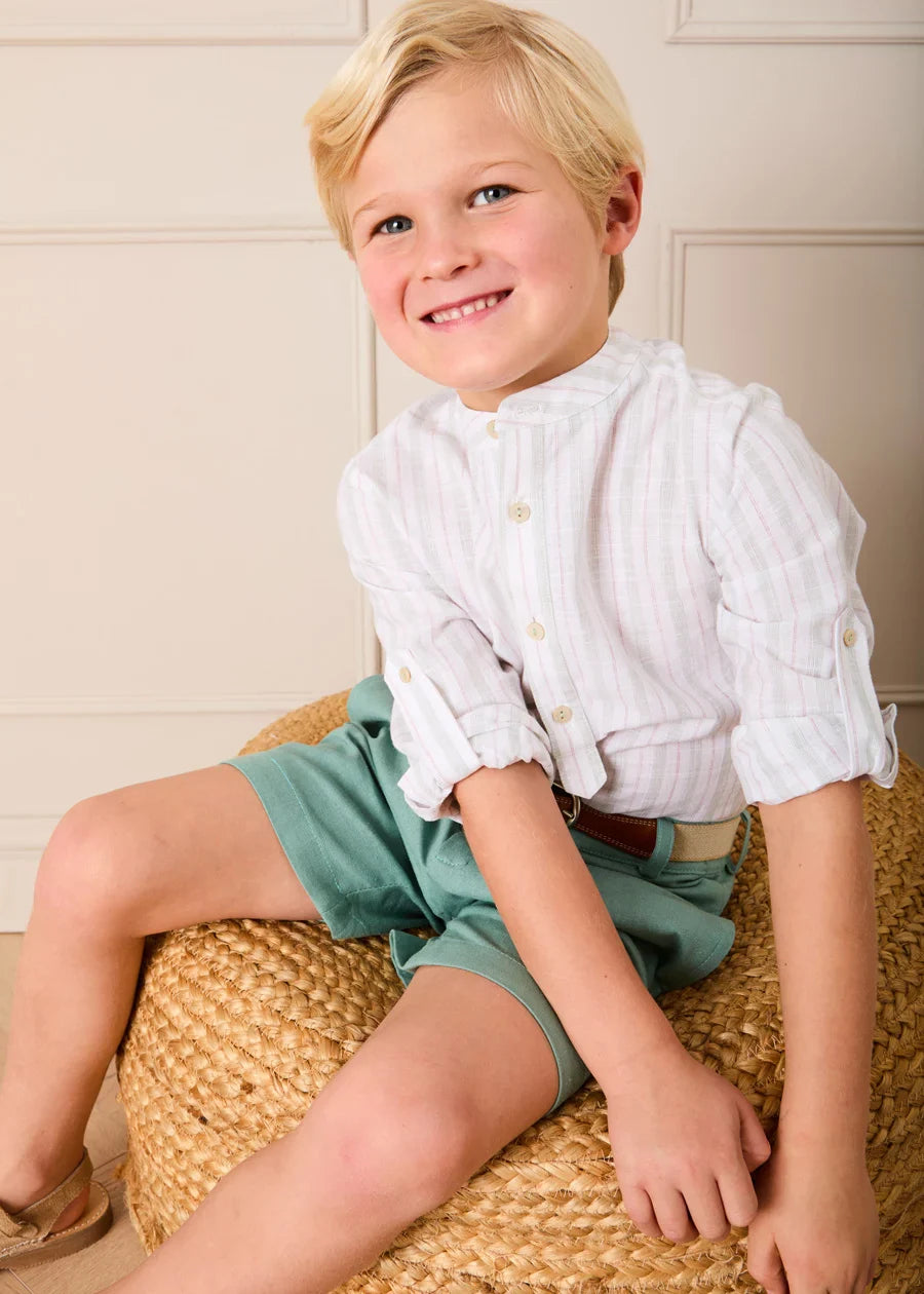 Hampton Stripe Mao Collar Shirt in Green (3- 10yrs) Shirts from Pepa London US