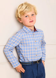 Denby Check Polo Collar Long Sleeve Shirt in Blue (3-10yrs) Shirts from Pepa London US
