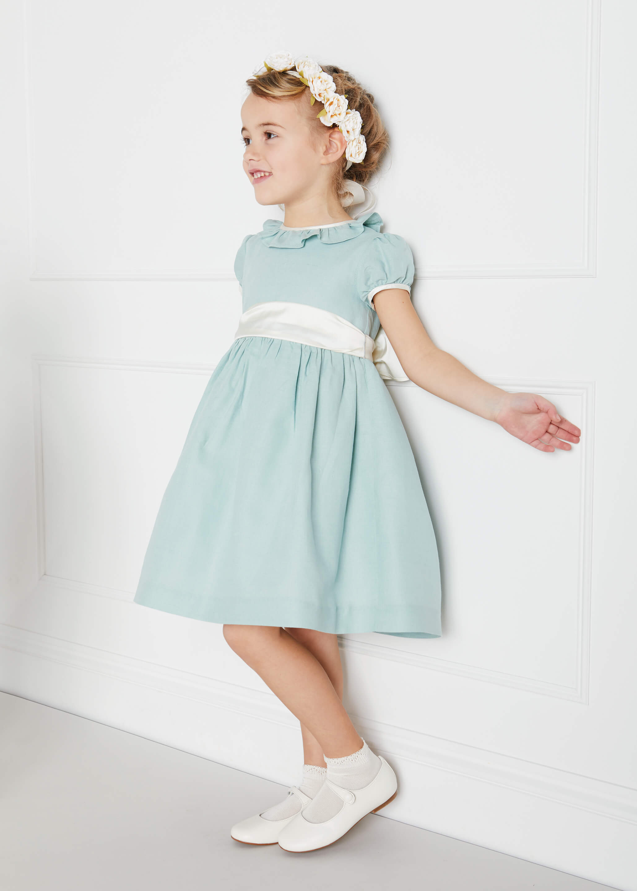 Teal Flower Girl Occasion Dress with Ivory Sash (12mths-10yrs) Dresses from Pepa London US