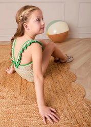 Annie Apple Print Ruffle Detail Swimsuit in Green (12mths- 10yrs) Swimwear from Pepa London
