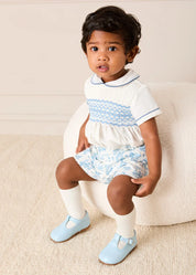 Audrey Toile Peter Pan Collar Hand Smocked Two Piece Set in Blue (6mths-3yrs) TWO PIECE SETS from Pepa London US