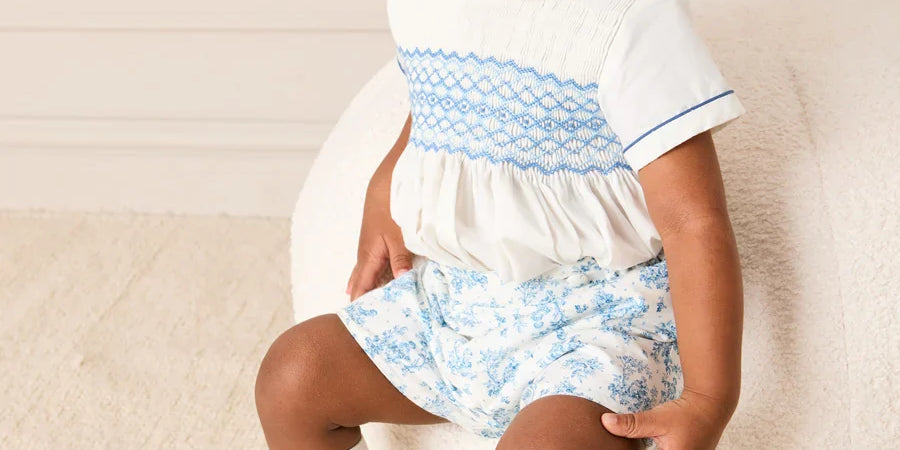 Audrey Toile Peter Pan Collar Hand Smocked Two Piece Set in Blue (6mths-3yrs) TWO PIECE SETS from Pepa London US