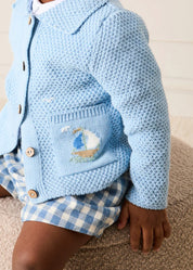 Nautical Boat Embroidery Polo Collar Cardigan in Sky Blue (12mths-6yrs) Knitwear from Pepa London US