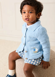 Nautical Boat Embroidery Polo Collar Cardigan in Sky Blue (12mths-6yrs) Knitwear from Pepa London US