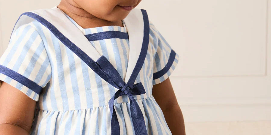 Regency Stripe Mariner Collar Bow Detail Romper in Blue (6mths-2yrs) ROMPERS from Pepa London US