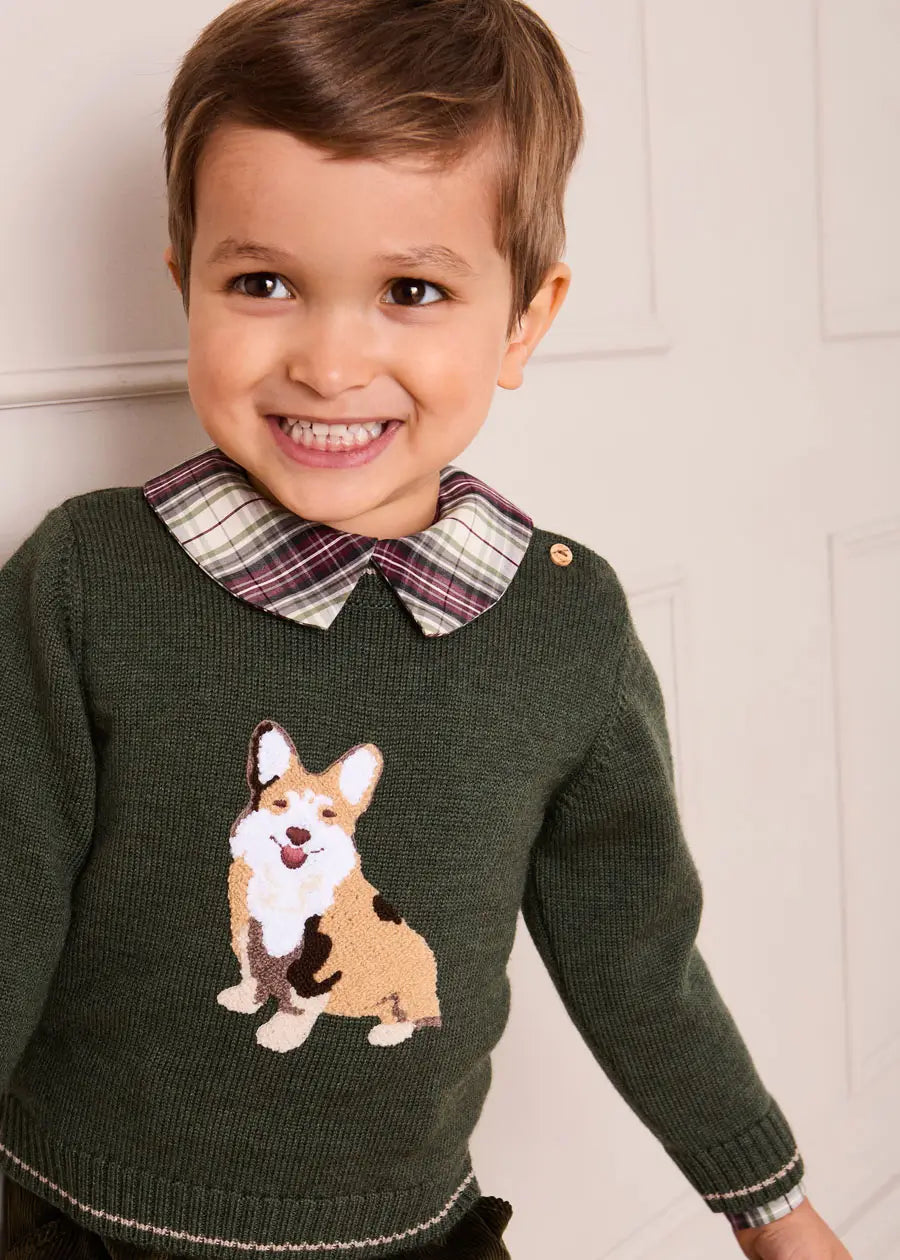 Corgi Embroidered Button Detail Jumper in Green (18mths-10yrs) Knitwear from Pepa London US
