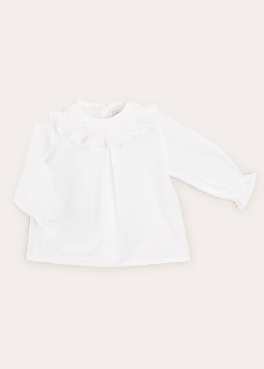 Hand Smocked Collar Long Sleeve Blouse In Baby Pink (0-12mths) BLOUSES from Pepa London US