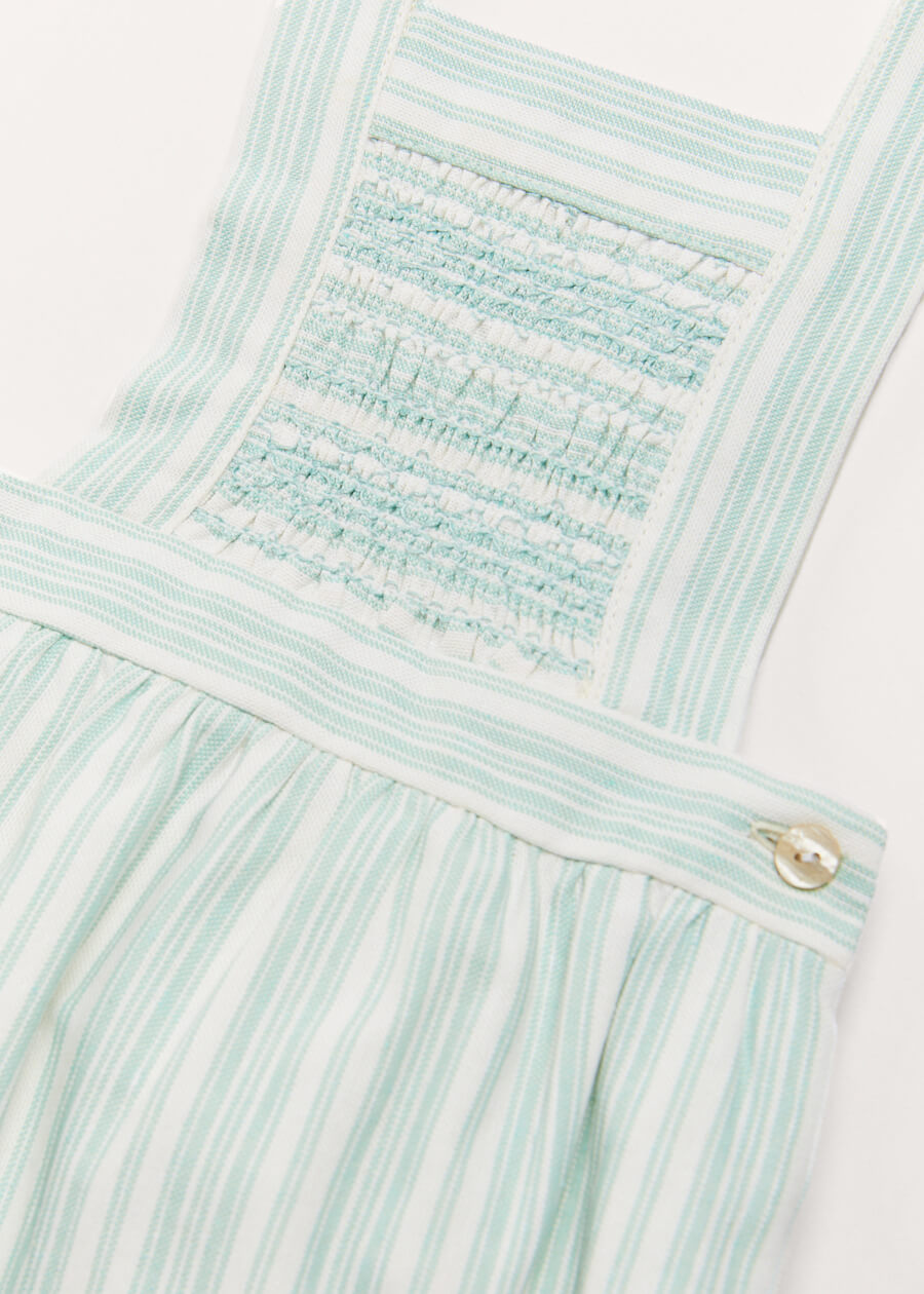 Striped Smocked Detail Dungaree Romper in Green (3-18mths) ROMPERS from Pepa London US