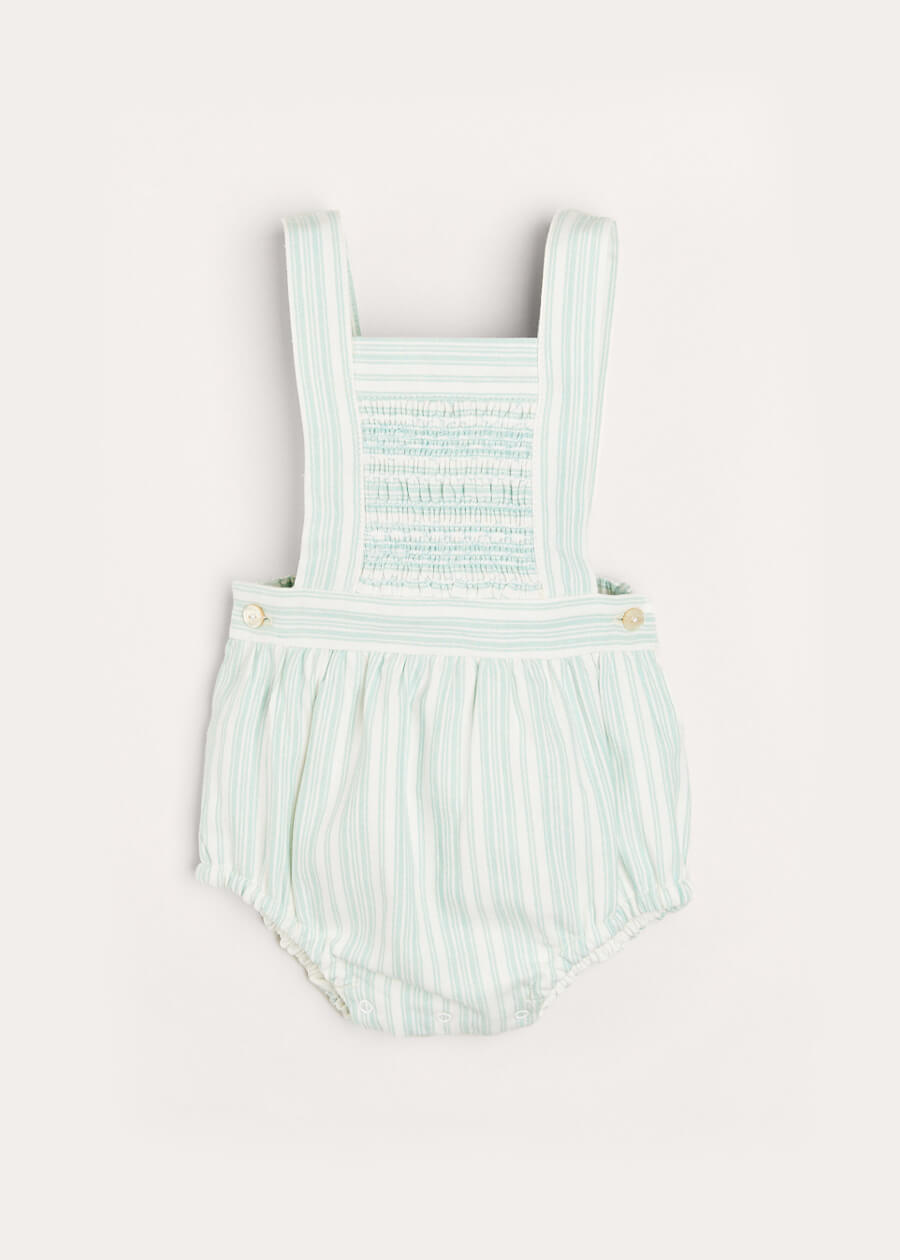 Striped Smocked Detail Dungaree Romper in Green (3-18mths) ROMPERS from Pepa London US
