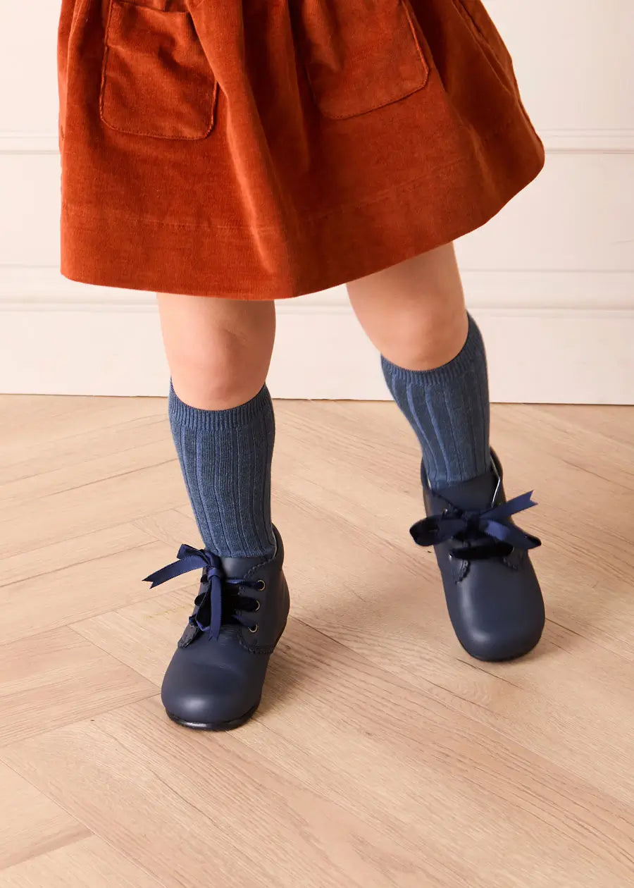 Leather Velvet Ribbon Lace Up Booties in Navy (17-26EU) Shoes from Pepa London US