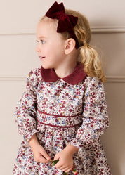 Louisa Floral Velvet Collar Long Sleeve Dress in Burgundy (18mths-10yrs) Dresses from Pepa London US