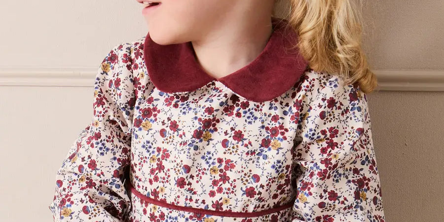 Louisa Floral Velvet Collar Long Sleeve Dress in Burgundy (18mths-10yrs) Dresses from Pepa London US