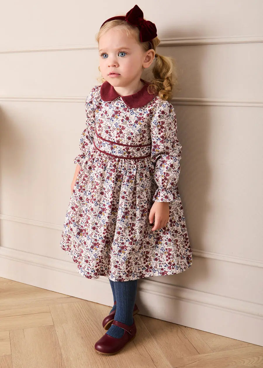 Louisa Floral Velvet Collar Long Sleeve Dress in Burgundy (18mths-10yrs) Dresses from Pepa London US