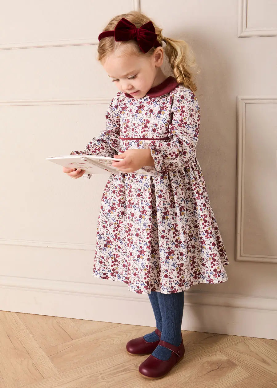 Louisa Floral Velvet Collar Long Sleeve Dress in Burgundy (18mths-10yrs) Dresses from Pepa London US