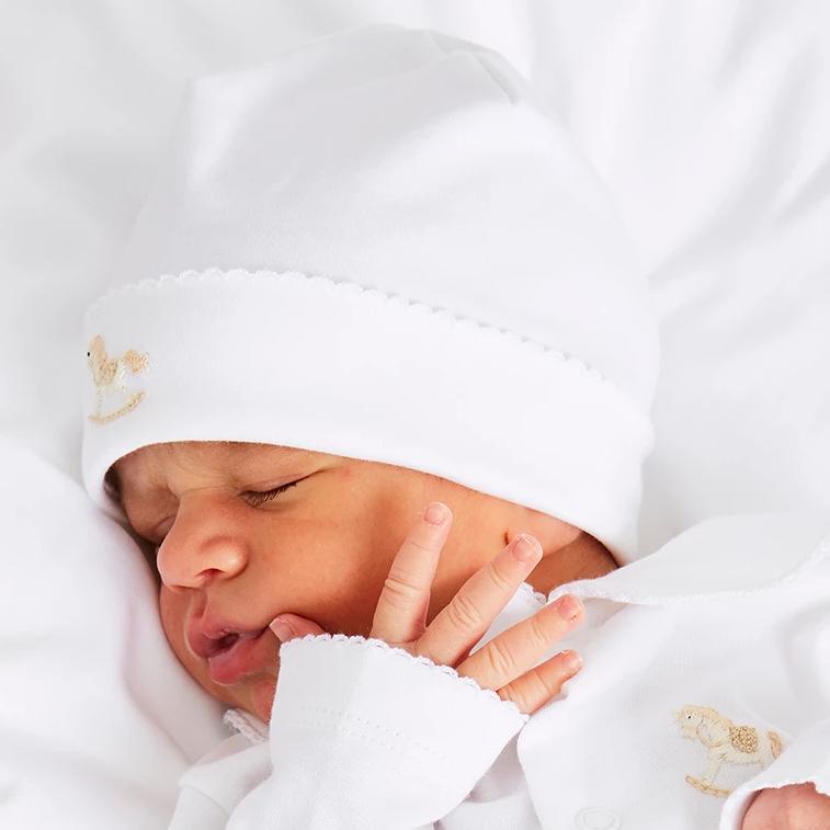 Newborn Bonnet with Rocking Horse Embroidery Blue (0-3mths) Knitted Accessories from Pepa London US
