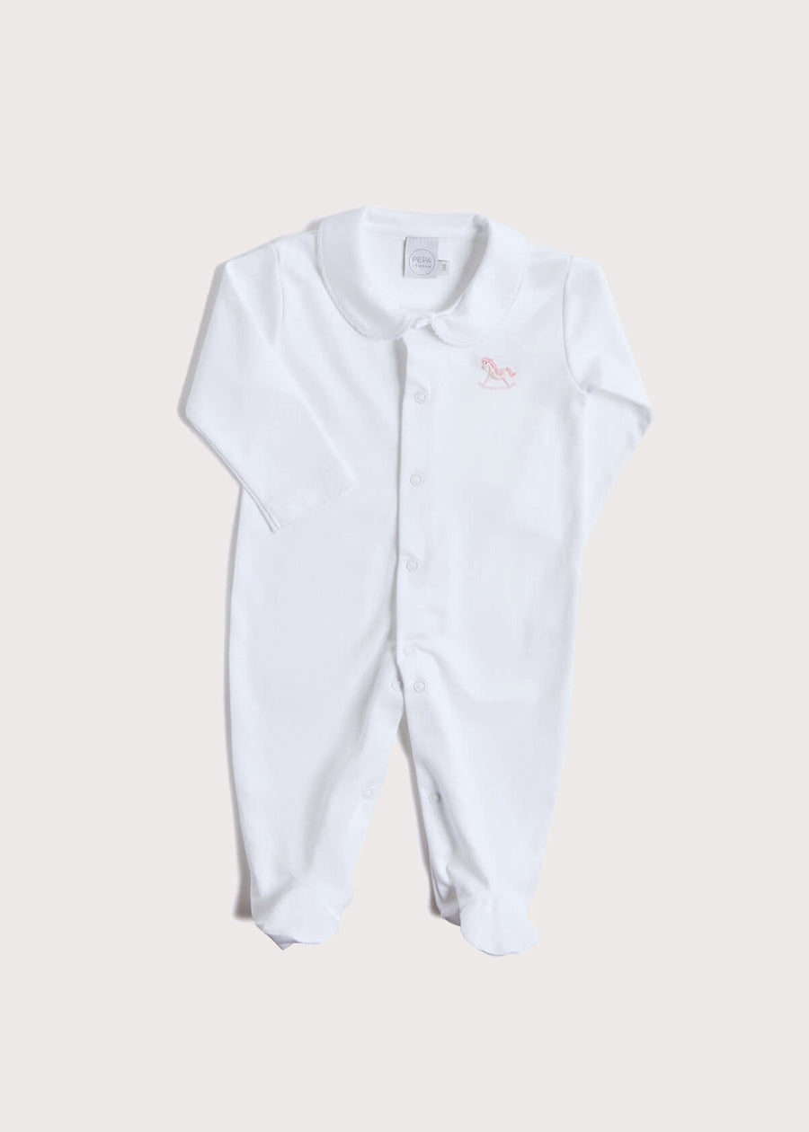 Newborn All-In-One With Rocking Horse Embroidery In Pink (1-6mths) Tops & Bodysuits  from Pepa London US