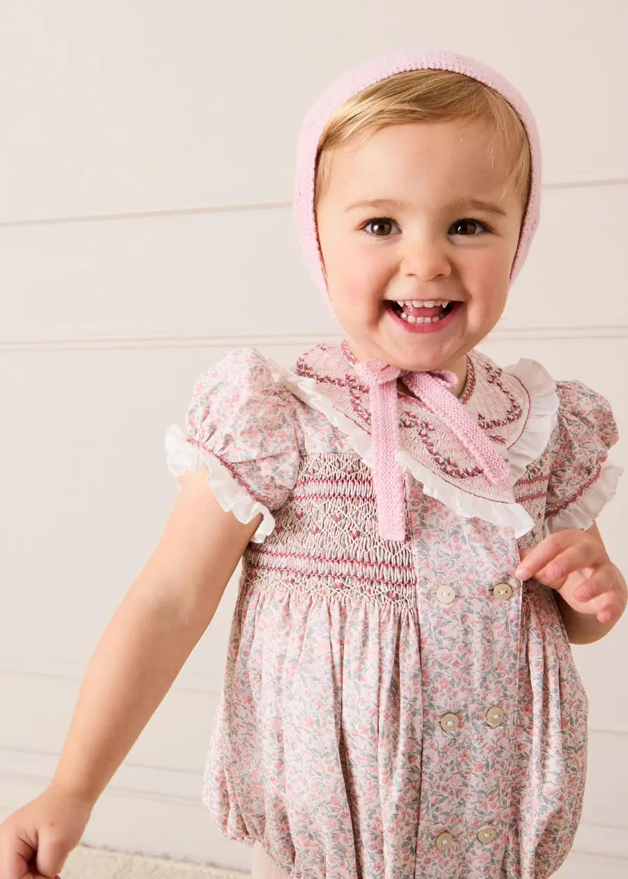 Adelaide Floral Hand Smocked Hand Smocked Romper in Pink (3mths-2yrs) Rompers from Pepa London US