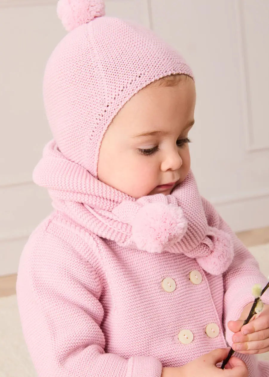 Merino Wool Pom Pom Scarf In Pink KNITTED ACCESSORIES from Pepa London US