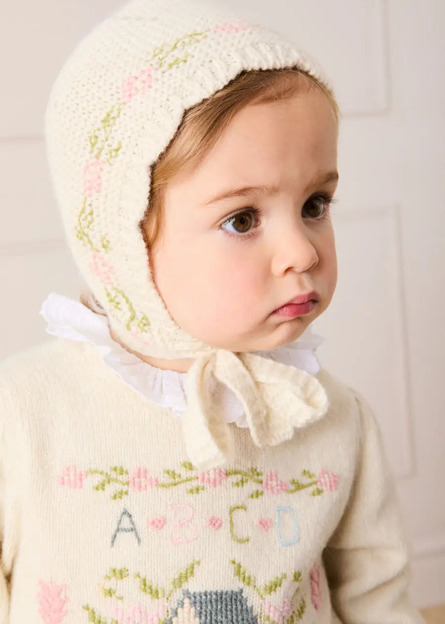Alpaca Wool Floral Embroidered Bonnet in Cream (S-L) Bonnets from Pepa London US