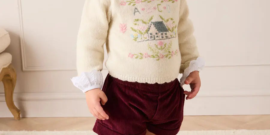 Alpaca Wool Cottage Cross Stitch Embroidered Jumper in Cream (6mths-4yrs) Knitwear from Pepa London