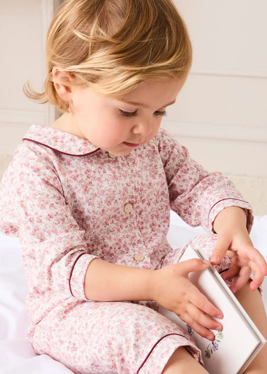 Jane Floral Long Sleeve All In One Pyjamas with Burgundy Piping in Pink (6mths-3yrs) #N/A from Pepa London US