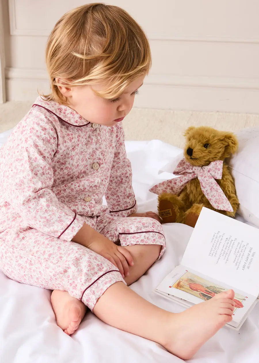 Jane Floral Long Sleeve All In One Pyjamas with Burgundy Piping in Pink (6mths-3yrs) #N/A from Pepa London US