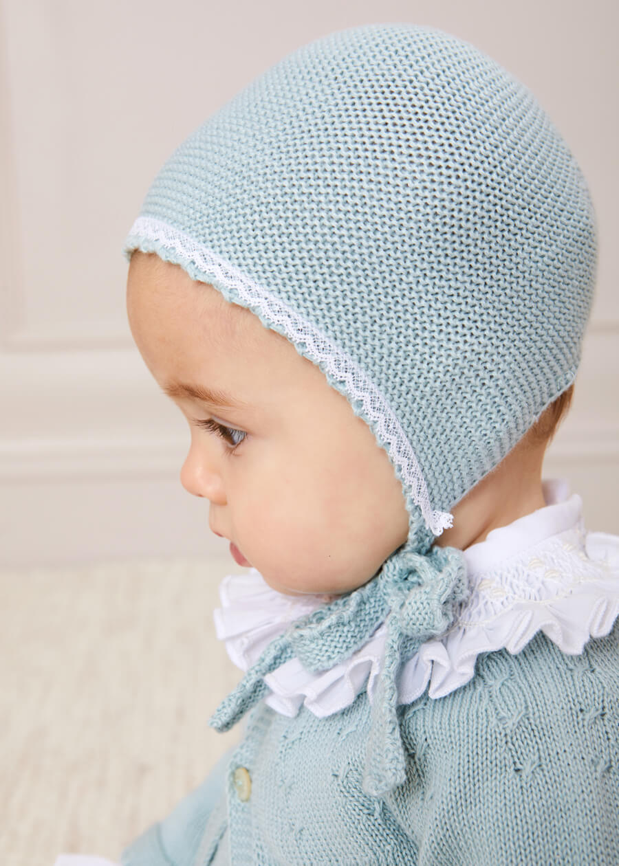 Lace Detail Knitted Bonnet in Green (1-12mths) Knitted Accessories from Pepa London