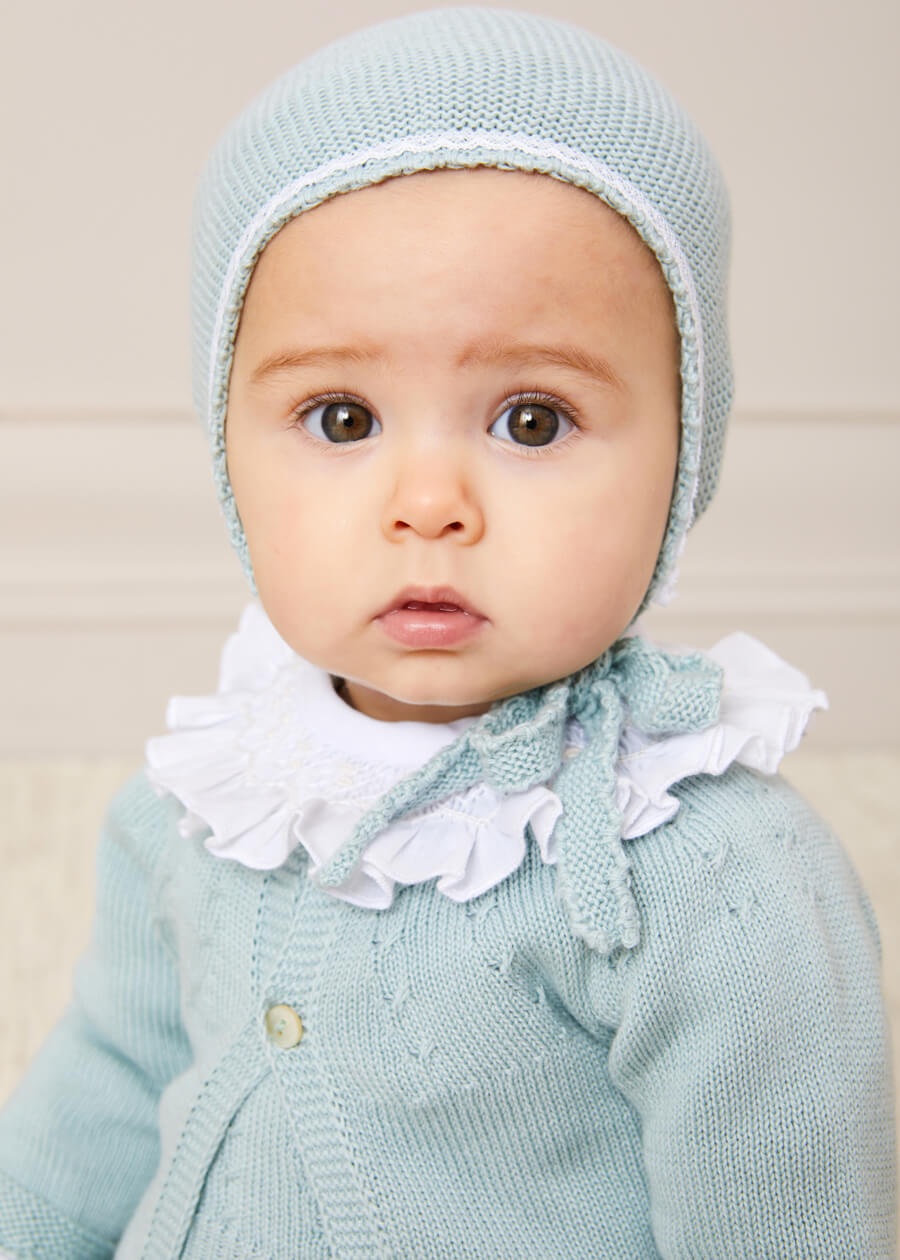 Lace Detail Knitted Bonnet in Green (1-12mths) Knitted Accessories from Pepa London