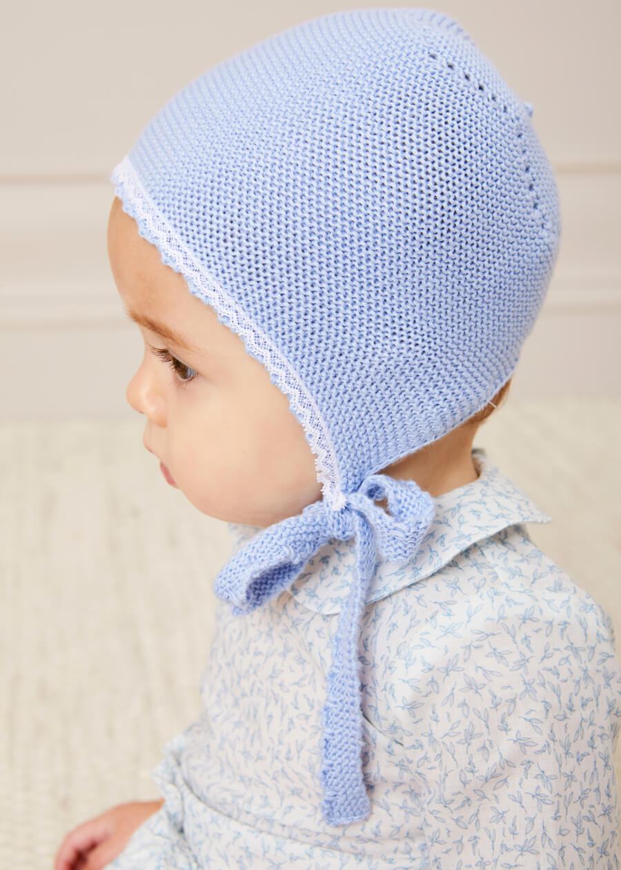 Lace Detail Knitted Bonnet in Blue (1-12mths) Knitted Accessories from Pepa London