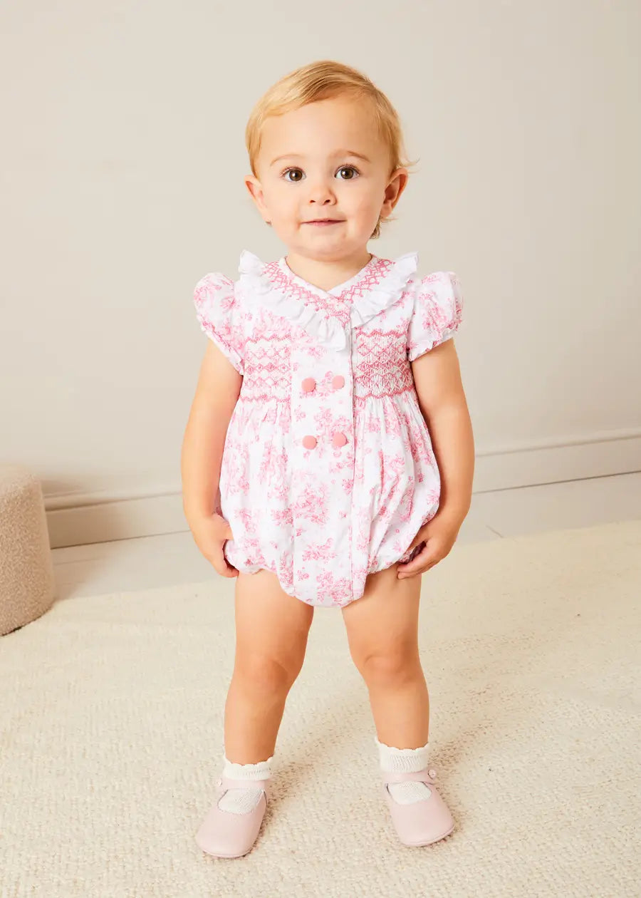 Audrey Hand Smocked Double Breasted Short Sleeve Romper in Pink (6mths-2yrs) ROMPERS from Pepa London US
